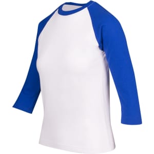 A white women's 3/4 sleeve raglan t-shirt featuring blue sleeves and a logo on the front.