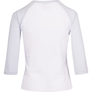 A white women's 3/4 sleeve raglan t-shirt with a solid design and a small logo on the back.