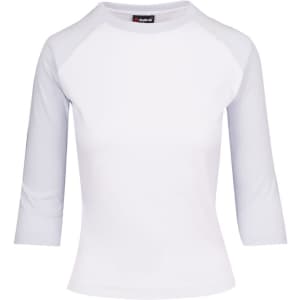 A women's 3/4 sleeve raglan T-shirt in white, featuring a contrasting sleeve design and a logo.