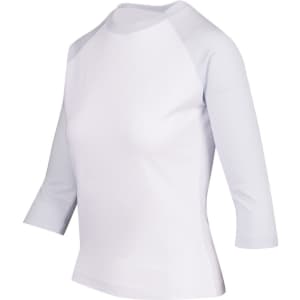 A women's white 3/4 sleeve raglan T-shirt with contrasting shoulders and a logo.
