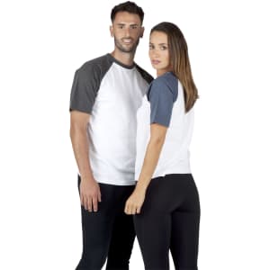 A men's and women's unisex raglan sleeve tee featuring a white body with dark grey and navy blue sleeves.
