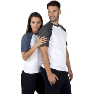 A men's and unisex raglan sleeve tee in white with grey sleeves, styled on two models.