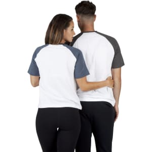 A unisex raglan sleeve tee with white body and blue and grey sleeves, displayed on two models from the back.