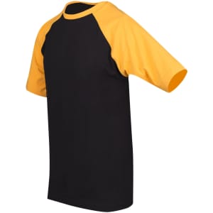 A black and yellow men's unisex raglan sleeve tee with a contrasting sleeve design and a logo.