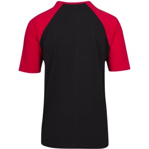 A unisex raglan sleeve tee with black body and red sleeves, featuring a logo on the back.
