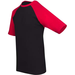 A black and red raglan sleeve tee with short sleeves and a logo on the front.