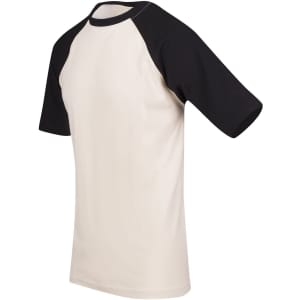 A men's/unisex raglan sleeve tee featuring a cream body and black sleeves. The shirt includes a brand logo.