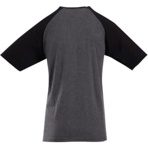 A raglan sleeve tee in grey with black sleeves. Features a logo on the back.