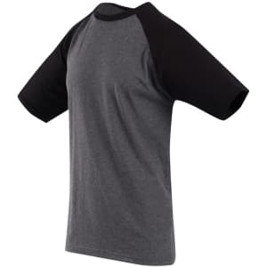 Men's unisex raglan sleeve tee in charcoal grey with black sleeves. Features a logo on the front.