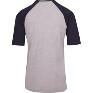 A unisex raglan sleeve tee in grey with navy sleeves, featuring a plain back design and a logo.