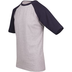 A grey and navy men's/unisex raglan sleeve tee with a round neckline and short sleeves. It features a logo.