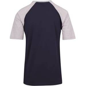 A navy and grey unisex raglan sleeve tee with a simple design and a logo on the back.