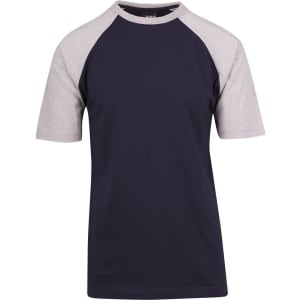 A navy and grey unisex raglan sleeve tee featuring short sleeves and a logo.