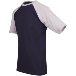 A men's unisex raglan sleeve tee in navy and light grey with short sleeves. It features a logo on the front.