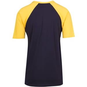 A unisex raglan sleeve tee featuring navy blue and yellow colours with a logo on the back.