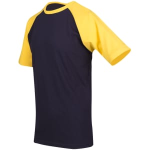 A unisex raglan sleeve tee featuring navy blue and yellow colours, with a logo on the front.