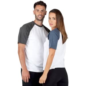 A unisex raglan sleeve tee featuring a white body and grey and navy sleeves, with a logo on the front.