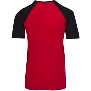 A red and black men's/unisex raglan sleeve tee with a solid colour design and short sleeves.