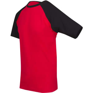 A red and black unisex raglan sleeve tee with a rounded neckline and short sleeves, featuring a logo.