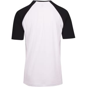 A unisex raglan sleeve tee featuring black sleeves and a white body. Includes a logo on the back.