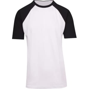 Men's/unisex t-shirt with raglan sleeves, featuring a white body and black sleeves. Includes a logo.