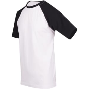 A unisex raglan sleeve tee featuring a white body and black sleeves. It has a logo on the front.