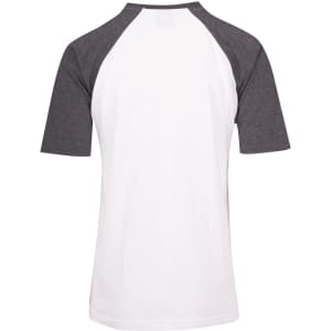 A men's unisex raglan sleeve tee featuring a white body and dark grey sleeves, with a logo on the back.