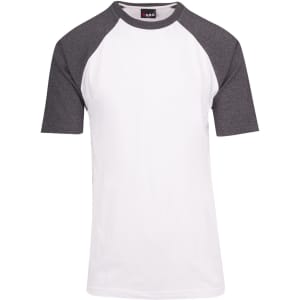 A men's/unisex raglan sleeve tee in white with grey sleeves. The shirt features a logo on the label.