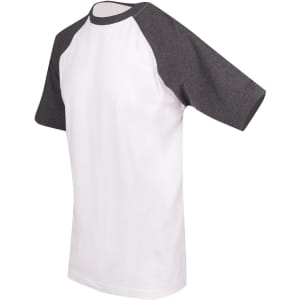 A unisex raglan sleeve tee featuring a white body and grey sleeves. The tee has a simple design and includes a logo.