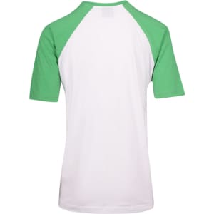 A unisex raglan sleeve tee in white with green sleeves, featuring a logo.