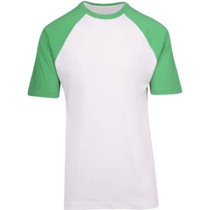 Men's unisex raglan sleeve tee in white with green sleeves, featuring a logo on the front.
