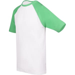 A unisex raglan sleeve tee featuring white fabric with green sleeves. It has a logo on the front.