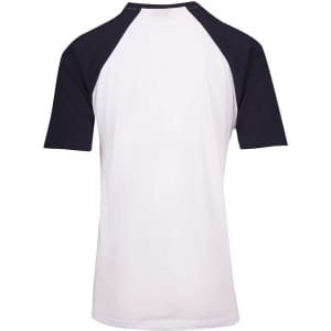 A men's/unisex raglan sleeve tee featuring white fabric with navy blue sleeves and a logo on the back.