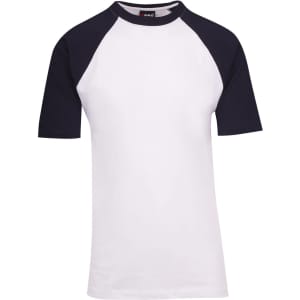 A unisex raglan sleeve tee featuring a white body with black sleeves. It has a logo tag at the neckline.