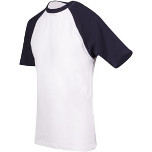 A unisex raglan sleeve tee featuring a white body and navy blue sleeves. It includes a logo on the front.