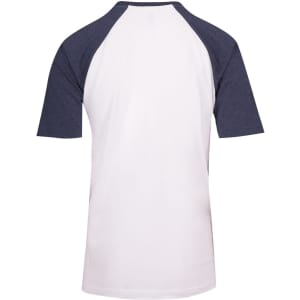 A unisex raglan sleeve tee with white body and navy sleeves, featuring a logo on the back.