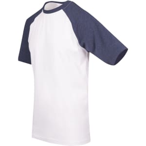 A men's/unisex raglan sleeve tee featuring a white body and navy blue sleeves, with a logo on the sleeve.
