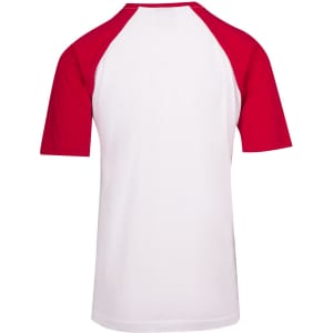 Men's/unisex raglan sleeve tee featuring red sleeves and a white body, with a logo on the back.