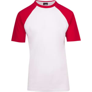 A men's/unisex raglan sleeve tee in white with red sleeves. The shirt has a branding label at the neckline.