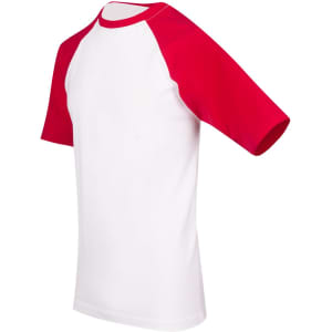 A unisex raglan sleeve tee featuring red sleeves and a white body, with a logo on one side.