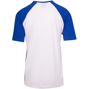 A unisex raglan sleeve tee in white with blue sleeves. It features a logo on the back.