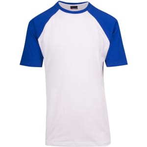 A white t-shirt with blue raglan sleeves, featuring a logo on the neckline.