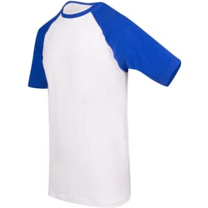 Men's unisex raglan sleeve tee in white with blue sleeves. Features a simple design and includes a logo.