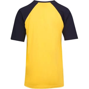 A men's/unisex raglan sleeve tee with a yellow body and navy sleeves. It features a logo on the back.