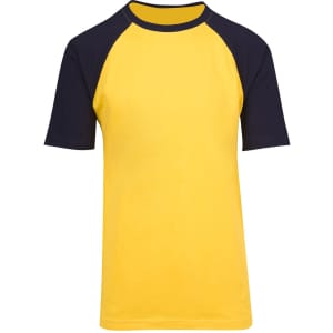 A yellow and navy unisex raglan sleeve tee with a round neckline and short sleeves. It features a logo on the chest area.