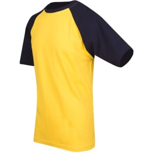 A unisex raglan sleeve tee in yellow with navy sleeves, featuring a logo on the front.