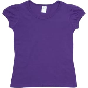A purple short puff sleeve T-shirt with a round neckline and a label on the inside.