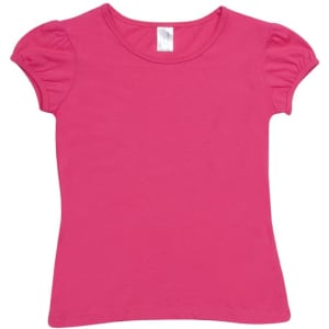 A pink short puff sleeve T-shirt with a classic round neckline and a simple design. It features a label inside.