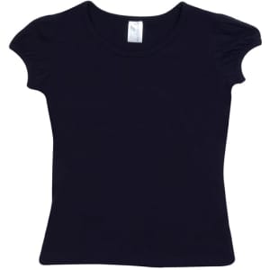 A black short puff sleeve T-shirt displayed flat, featuring a round neckline and a label inside.