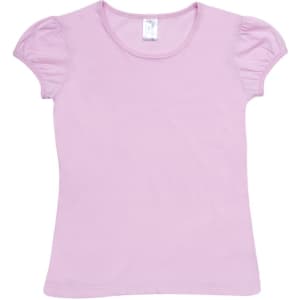 A pink girls' short puff sleeve T-shirt with a round neckline and a logo on the label.